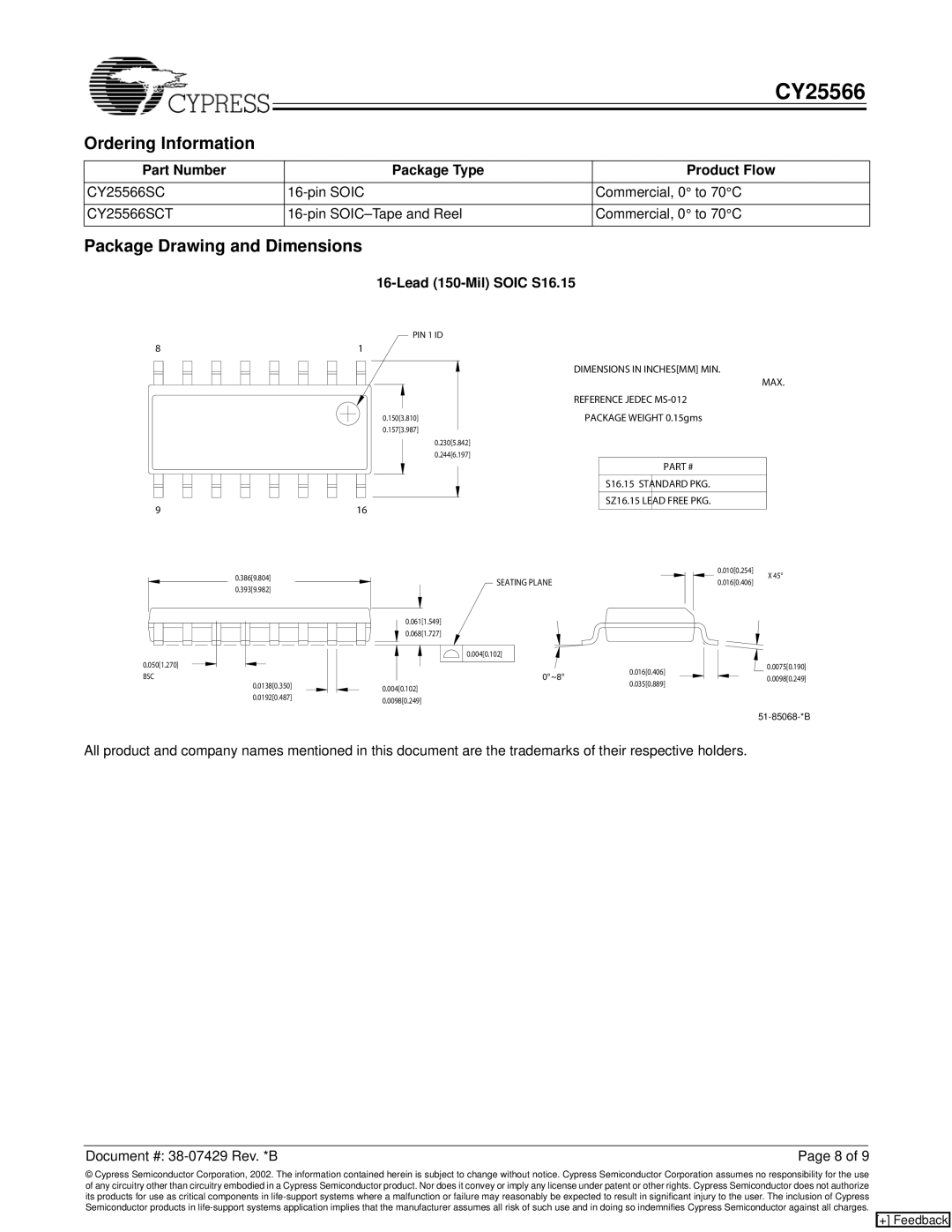 Cypress CY25566 manual Ordering Information, Package Drawing and Dimensions, Part Number Package Type Product Flow 