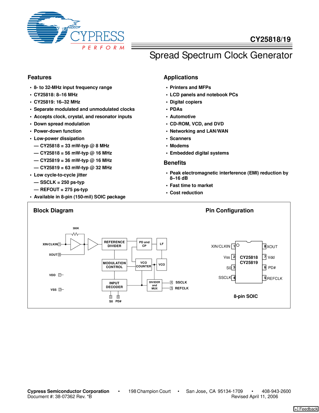 Cypress CY25818, CY25819 manual Features, Applications, Benefits, Block Diagram, Pin Configuration 