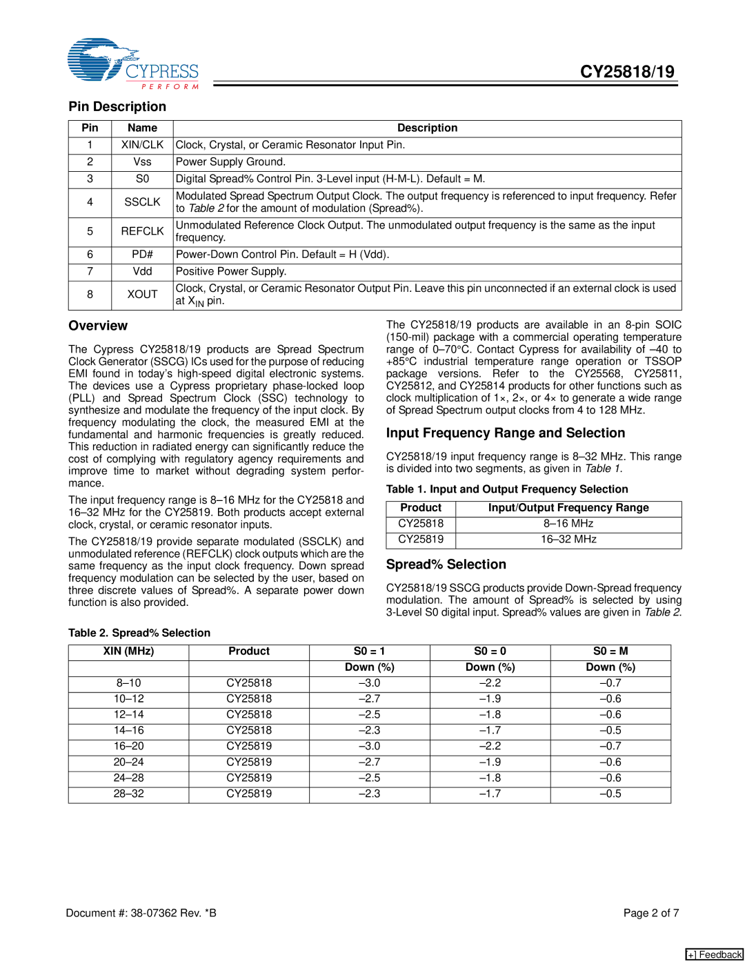 Cypress CY25819, CY25818 manual Pin.Description, Overview, Input Frequency Range and Selection, Spread% Selection 