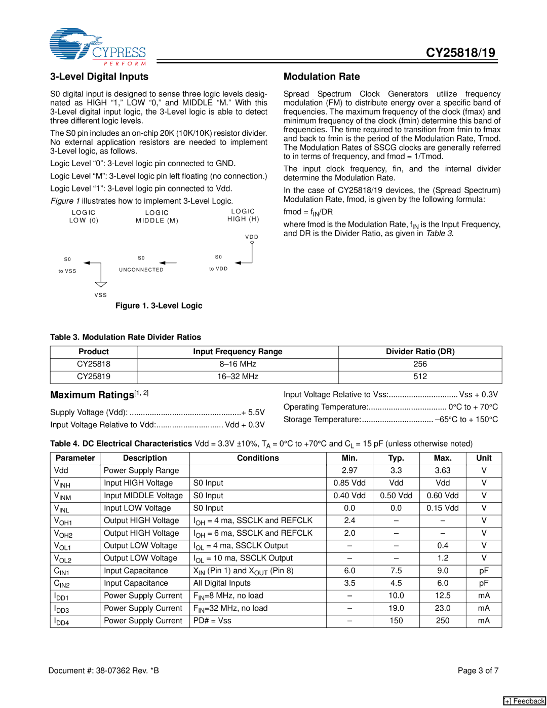 Cypress CY25818, CY25819 manual Level Digital Inputs, Modulation Rate, Maximum Ratings 1 