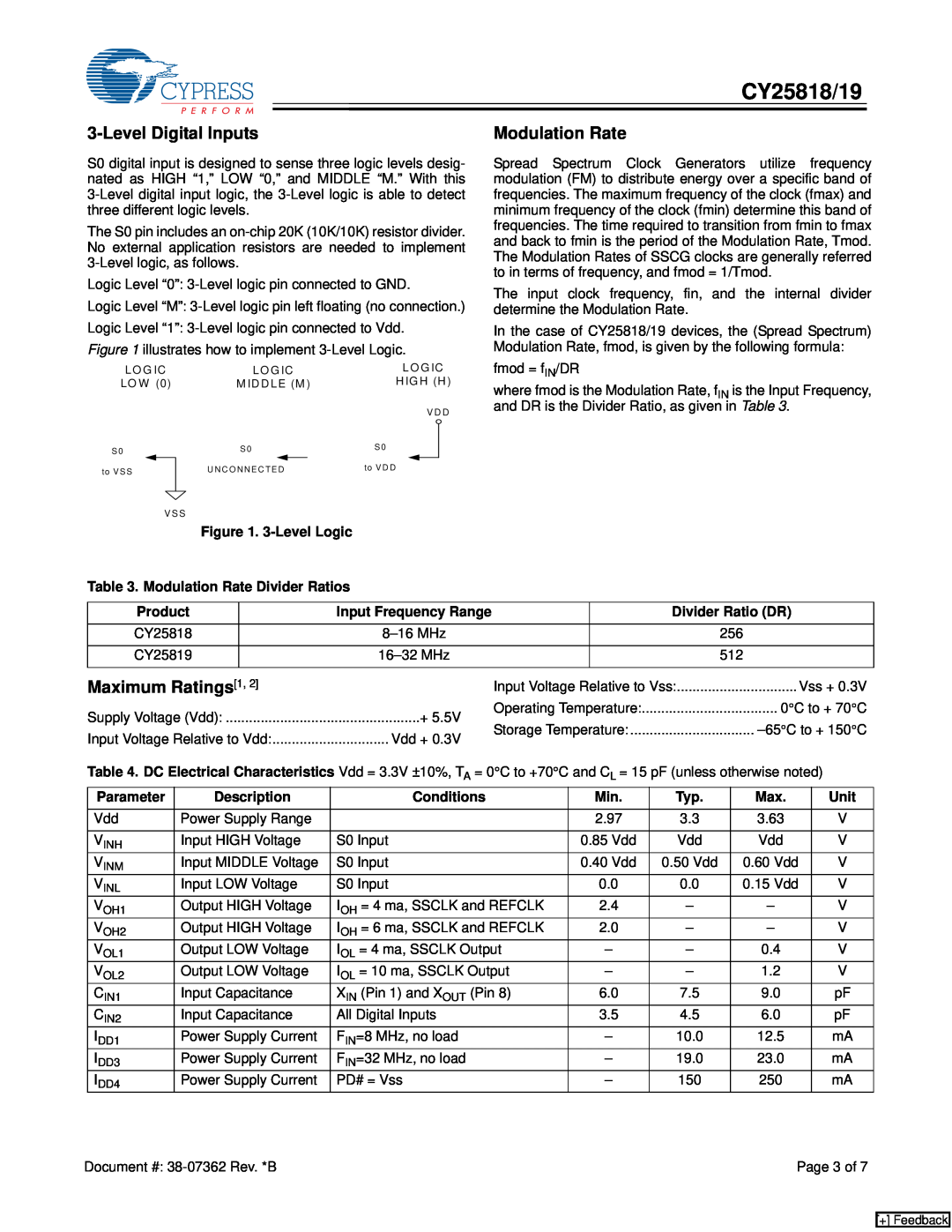 Cypress CY25819 manual Level Digital Inputs, Modulation Rate, Maximum Ratings 1, CY25818/19 