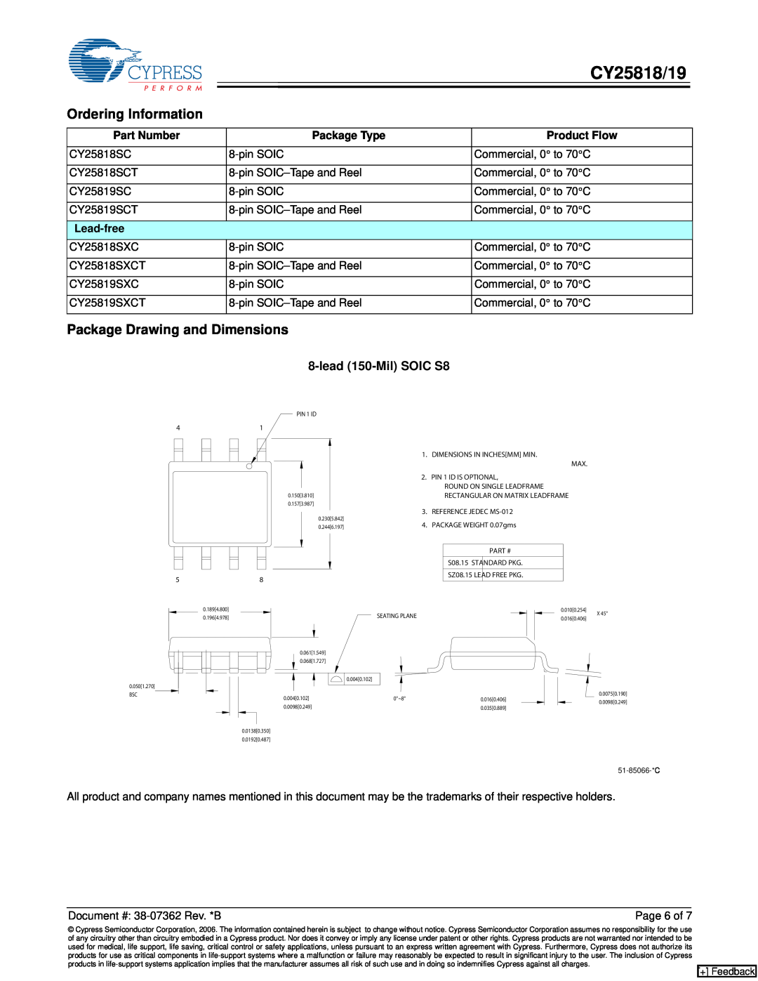 Cypress CY25819 manual Ordering Information, Package Drawing and Dimensions, CY25818/19, lead 150-Mil SOIC S8 