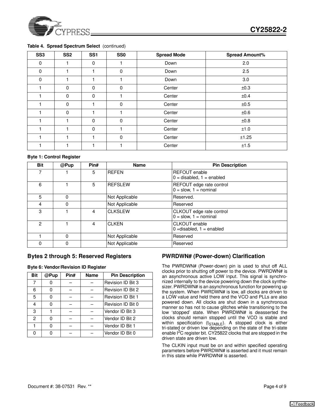 Cypress CY25822-2 manual Bytes 2 through 5 Reserved Registers, PWRDWN# Power-down Clarification 