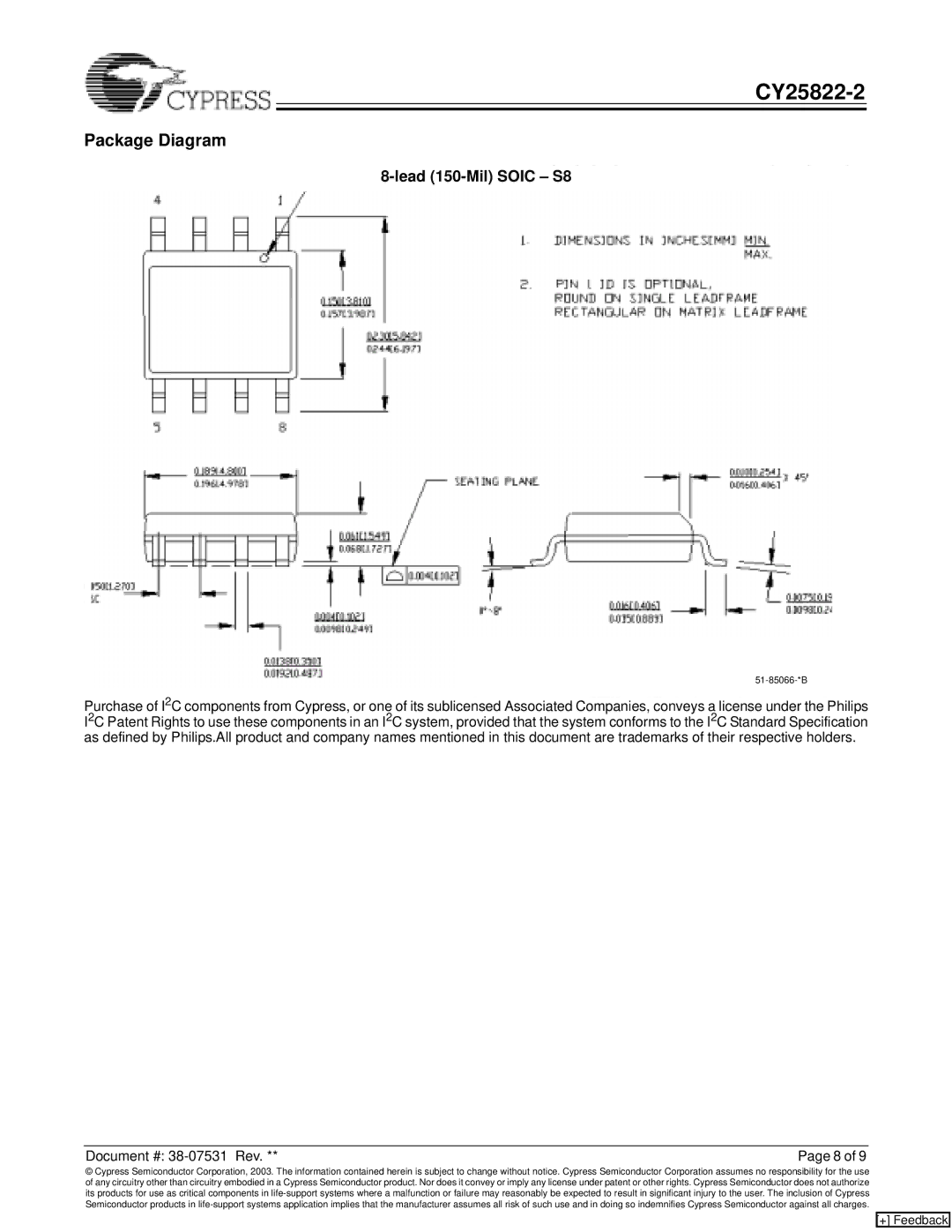 Cypress CY25822-2 manual Package Diagram, Lead 150-Mil Soic S8 