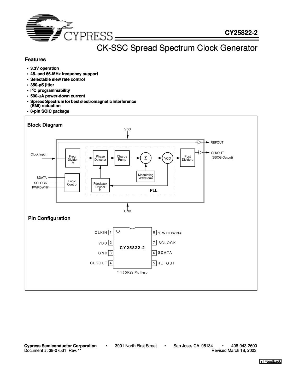 Cypress CY25822-2 manual Features, Block Diagram, Pin Configuration, CK-SSC Spread Spectrum Clock Generator 