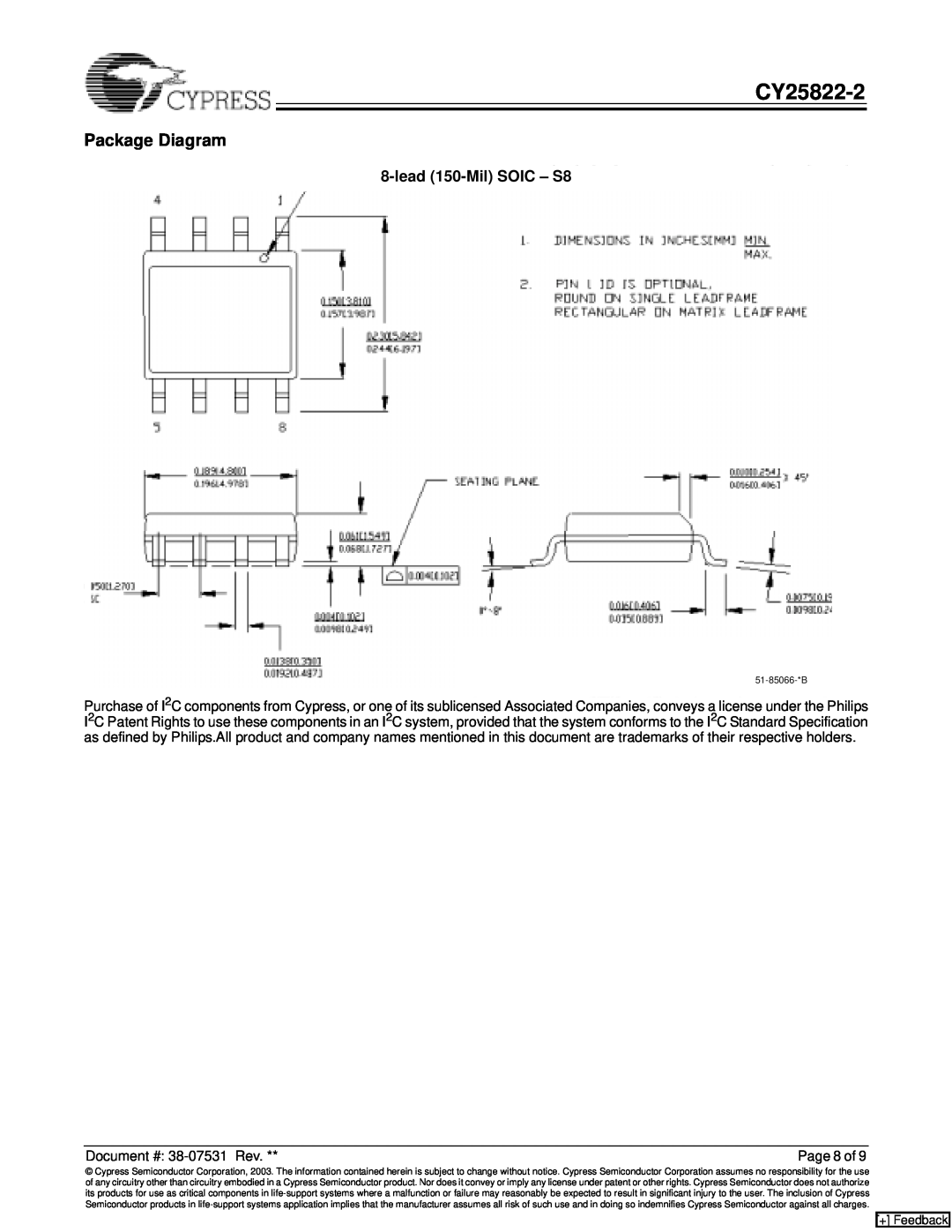 Cypress CY25822-2 manual Package Diagram, lead 150-Mil SOIC - S8, + Feedback 