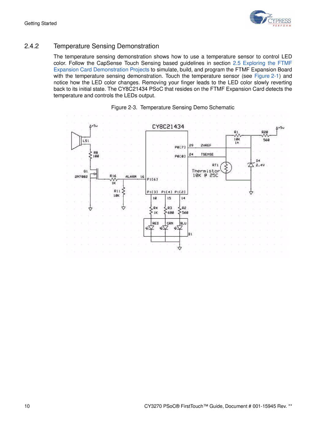 Cypress CY3270 manual Temperature Sensing Demonstration, Temperature Sensing Demo Schematic 