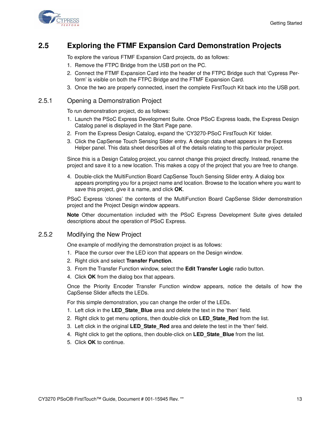 Cypress CY3270 manual Exploring the Ftmf Expansion Card Demonstration Projects, Opening a Demonstration Project 