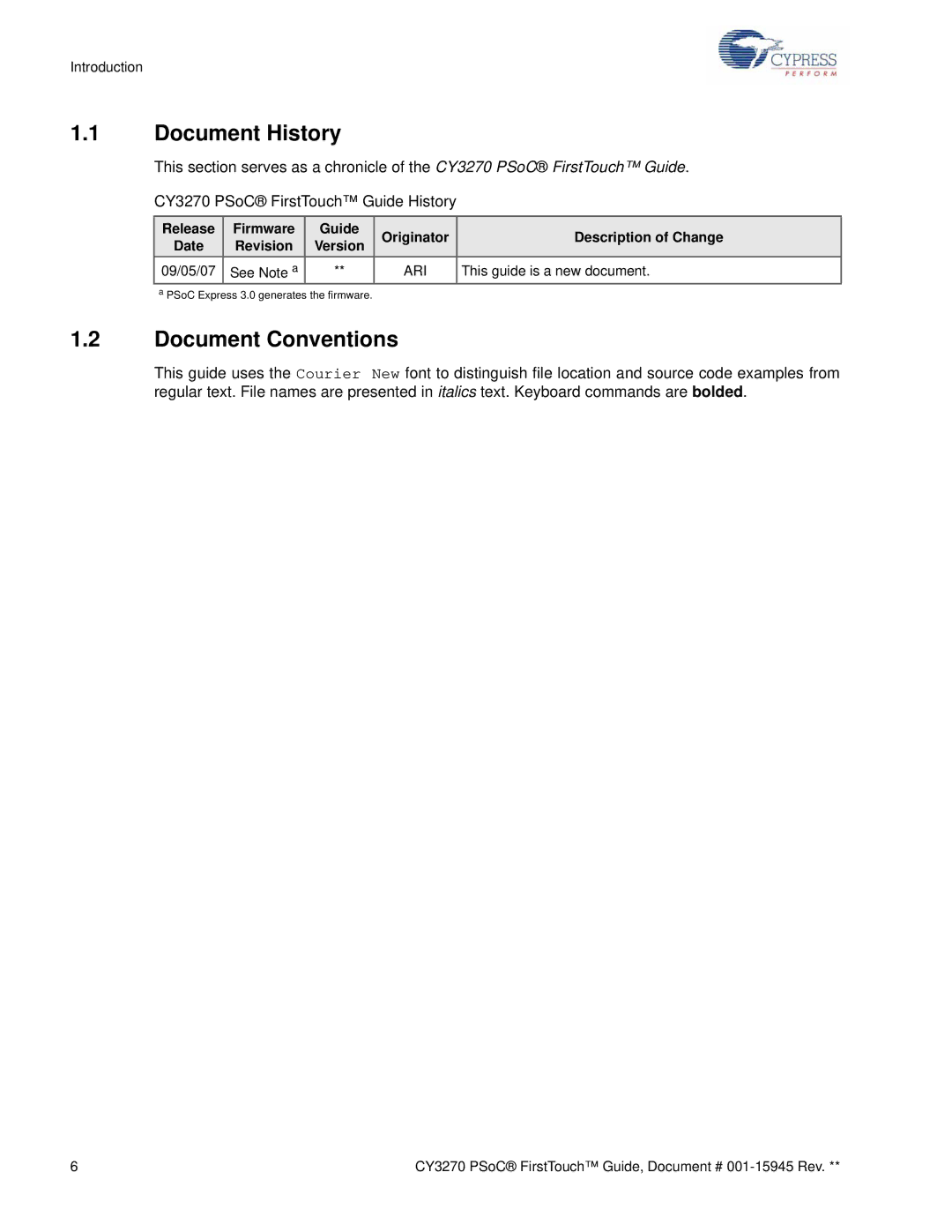 Cypress CY3270 manual Document History, Document Conventions 