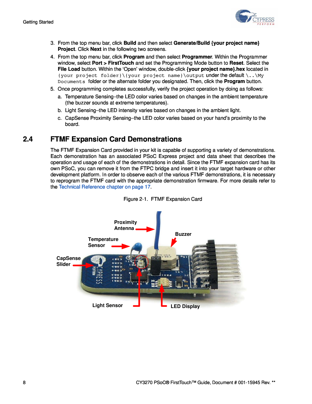 Cypress CY3270 manual FTMF Expansion Card Demonstrations, Proximity Antenna Buzzer Temperature Sensor CapSense Slider 