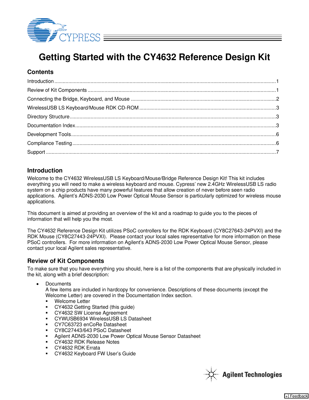 Cypress CY4632 manual Contents, Introduction, Review of Kit Components 