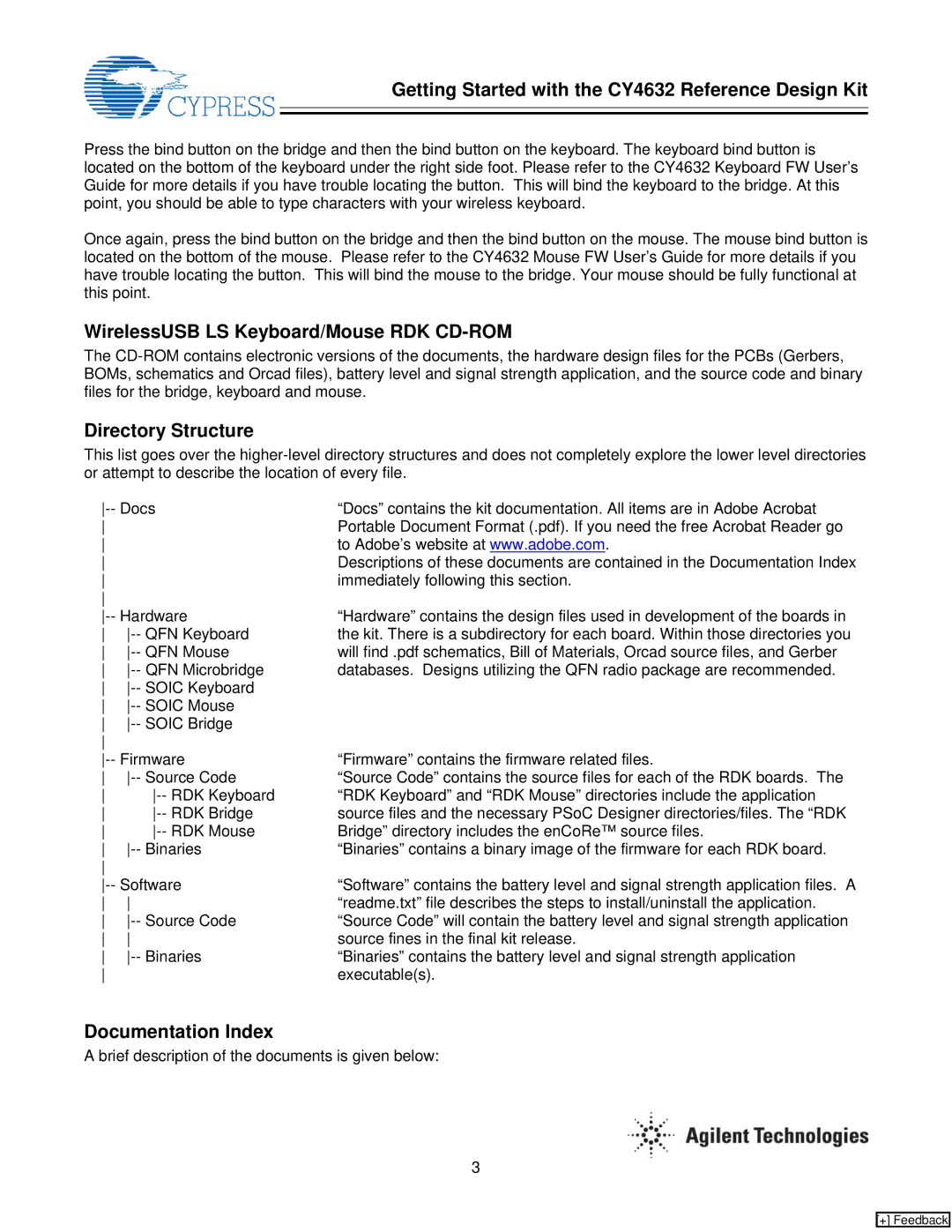 Cypress CY4632 manual WirelessUSB LS Keyboard/Mouse RDK CD-ROM, Directory Structure, Documentation Index 