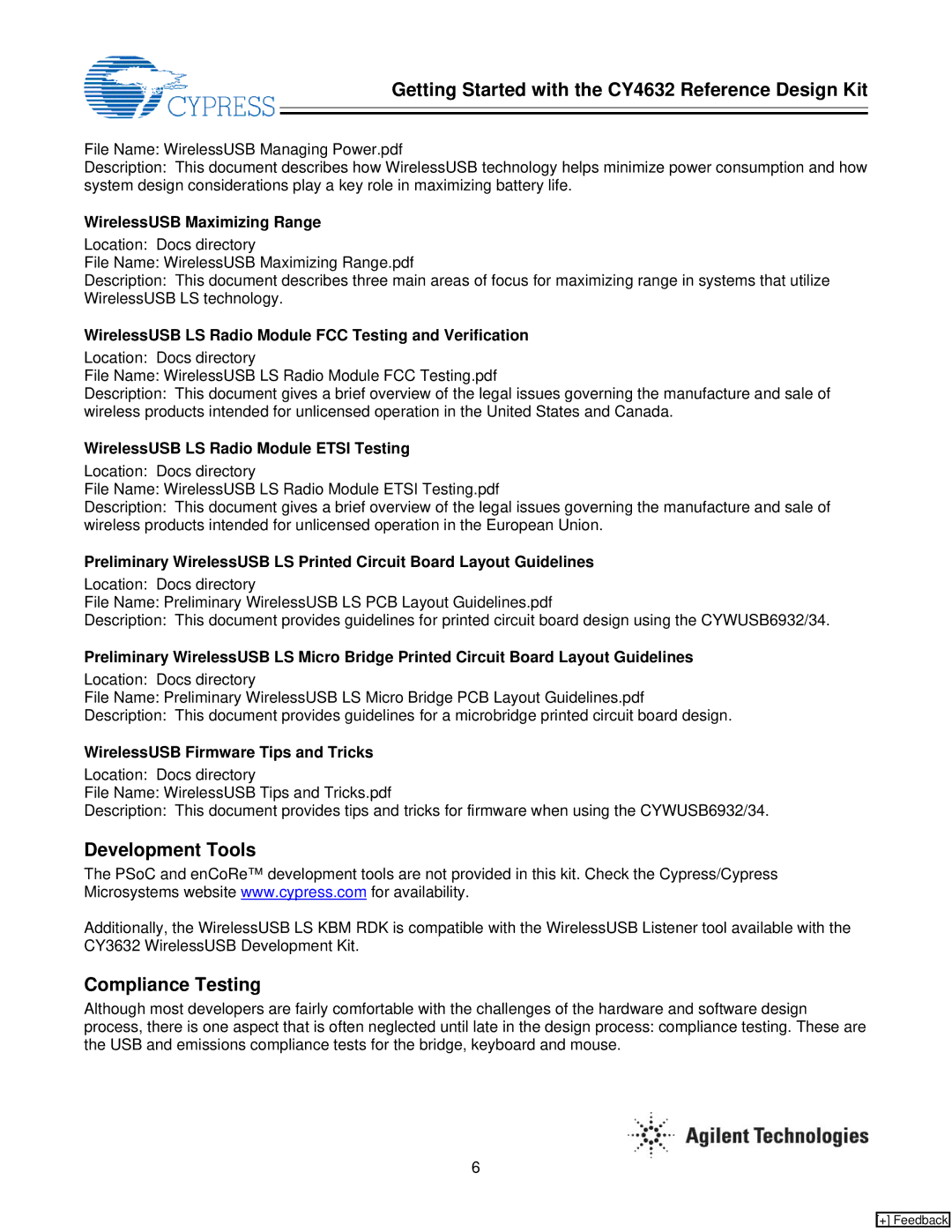 Cypress CY4632 manual Development Tools, Compliance Testing 