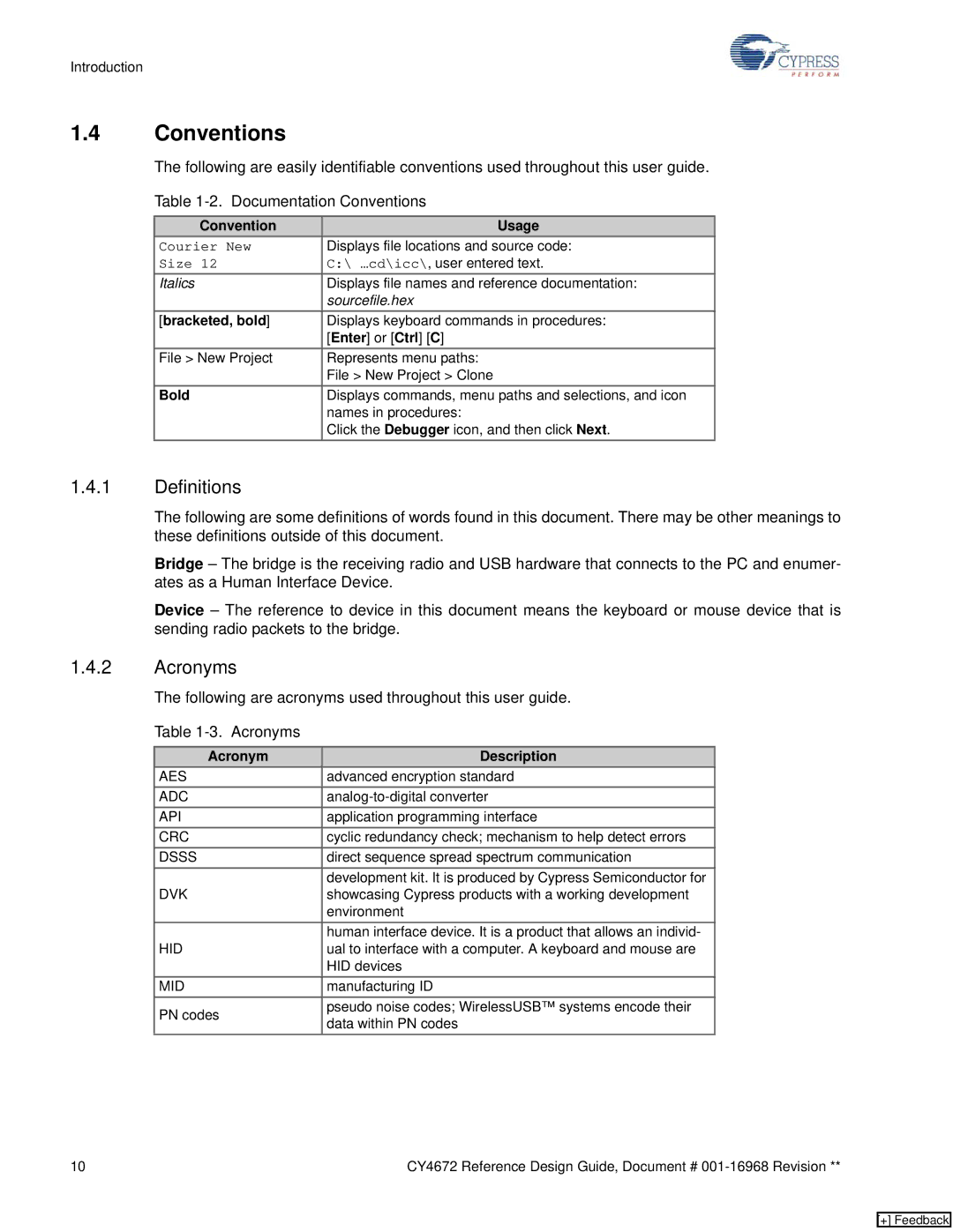 Cypress CY4672 manual Conventions, Definitions, Acronyms 