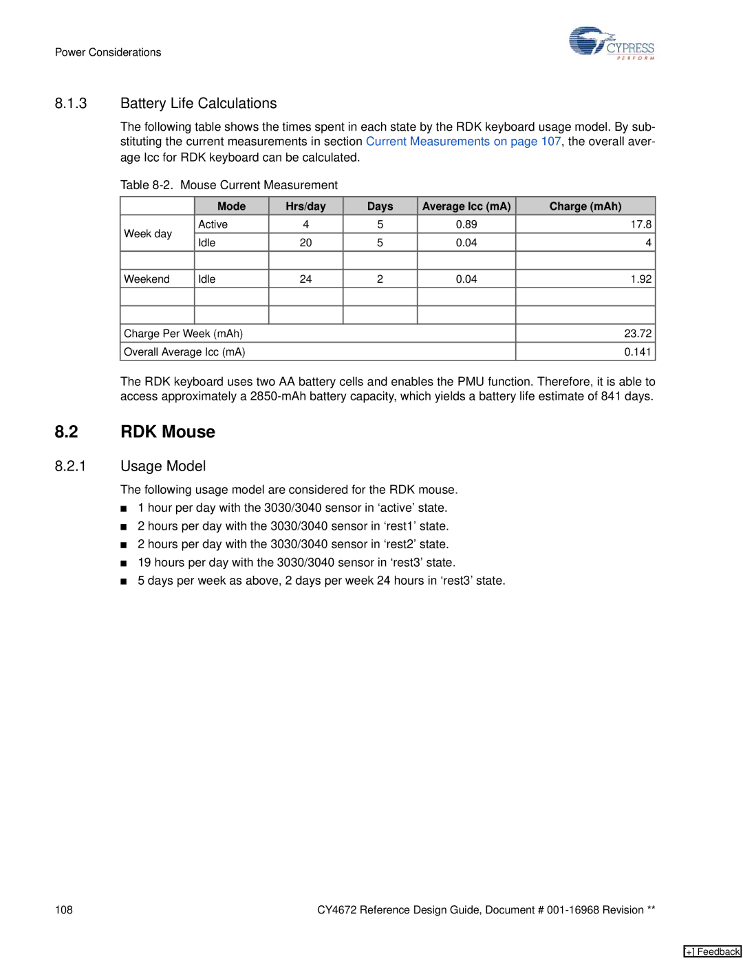 Cypress CY4672 manual RDK Mouse, Battery Life Calculations, Mode Hrs/day Days Average Icc mA Charge mAh 