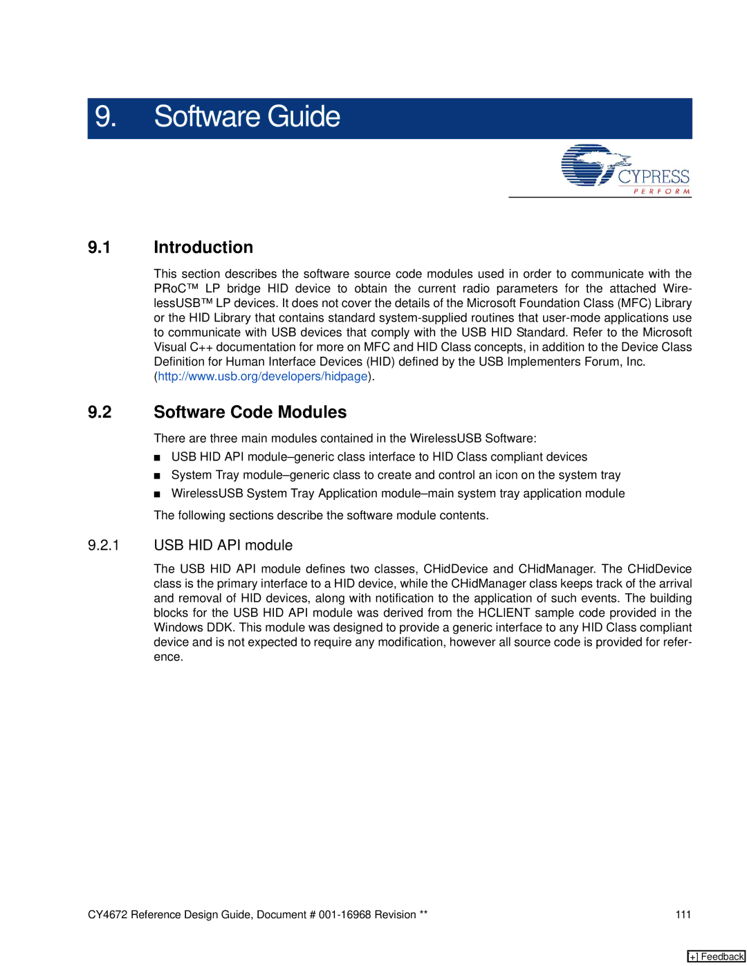 Cypress CY4672 manual Software Guide, Software Code Modules, USB HID API module 