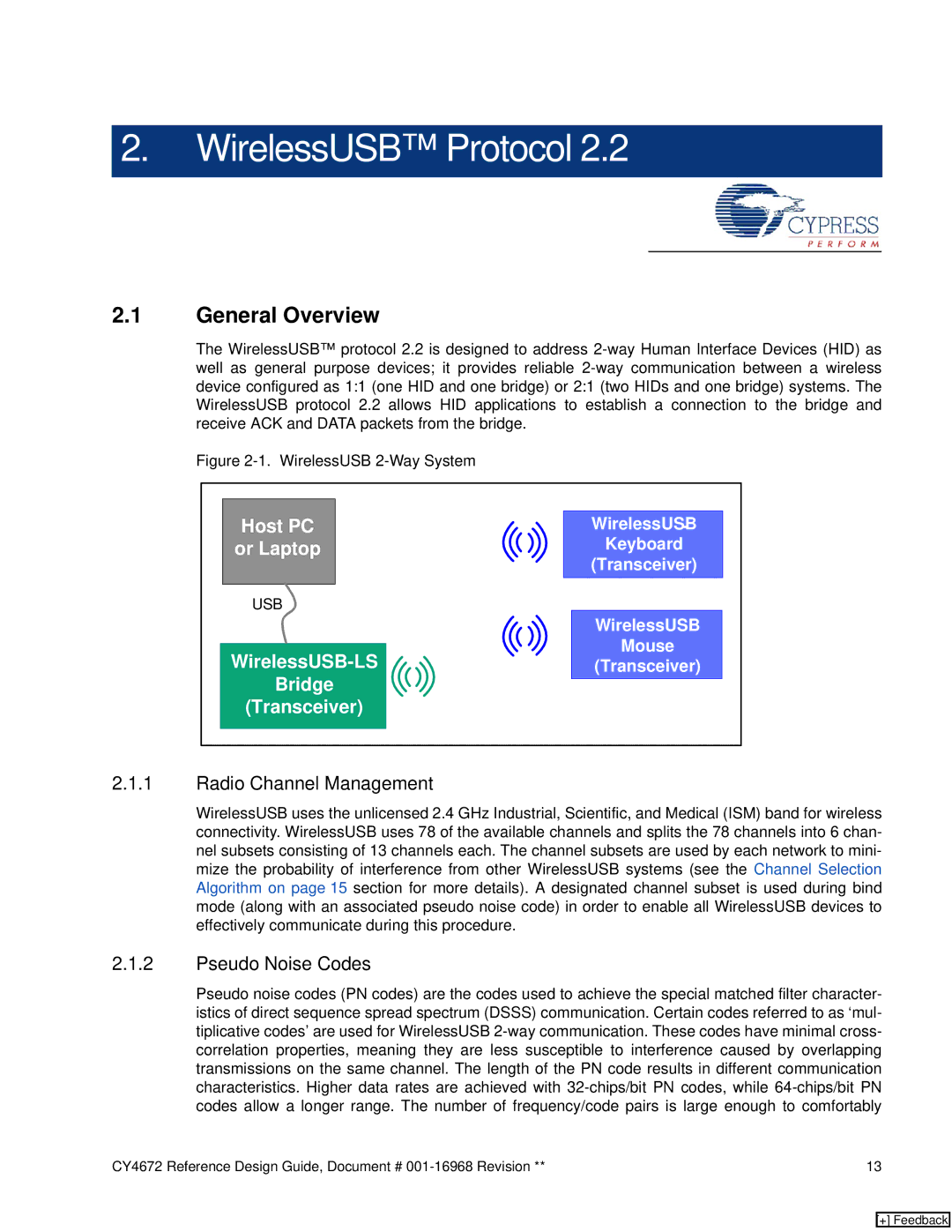 Cypress CY4672 manual WirelessUSB Protocol, General Overview, Radio Channel Management, Pseudo Noise Codes 