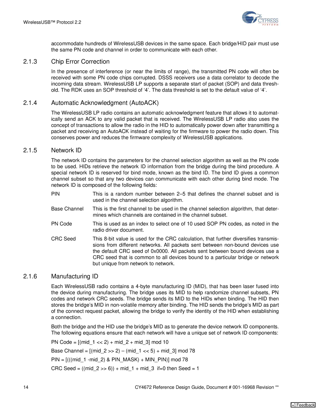 Cypress CY4672 manual Chip Error Correction, Automatic Acknowledgment AutoACK, Network ID, Manufacturing ID 