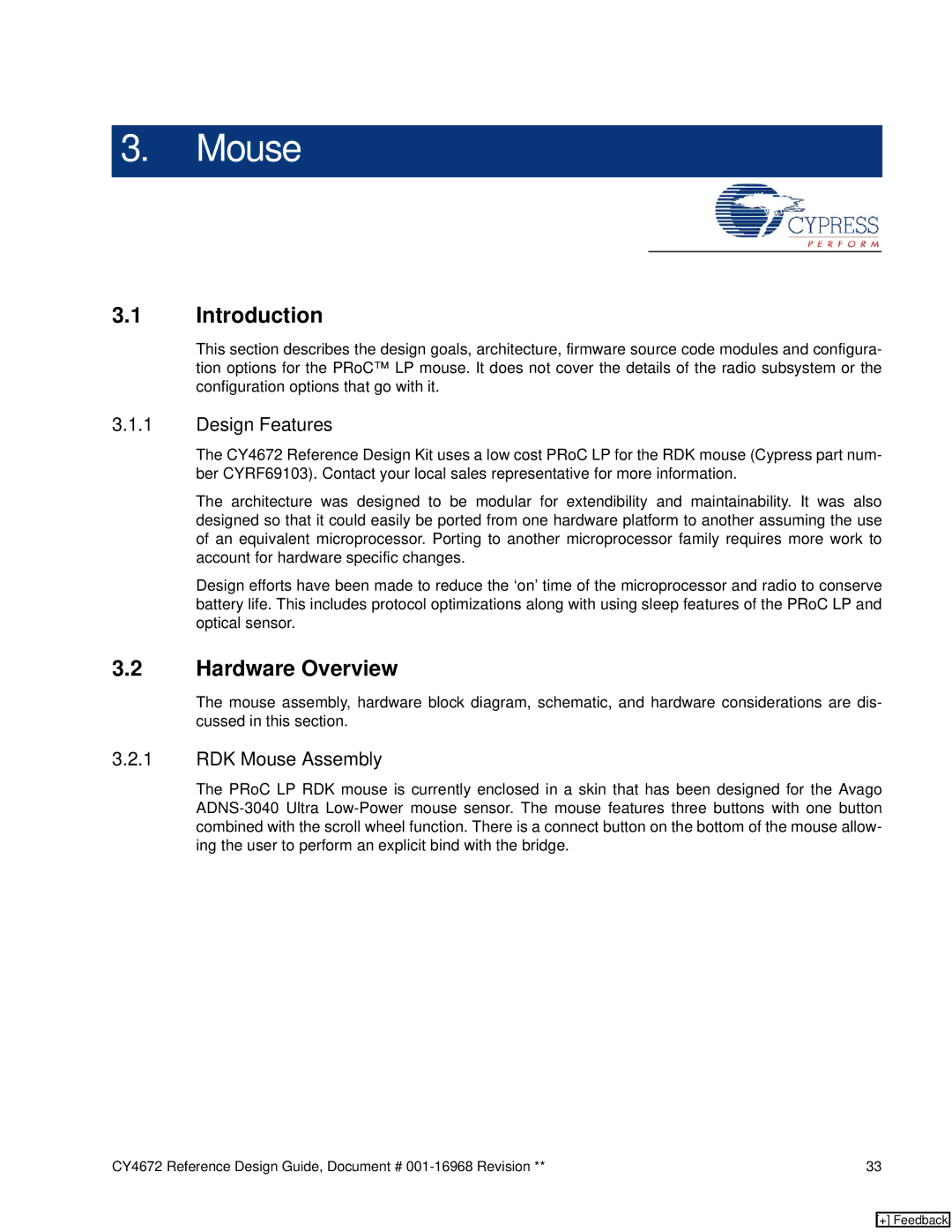 Cypress CY4672 manual Introduction, Hardware Overview, Design Features, RDK Mouse Assembly 