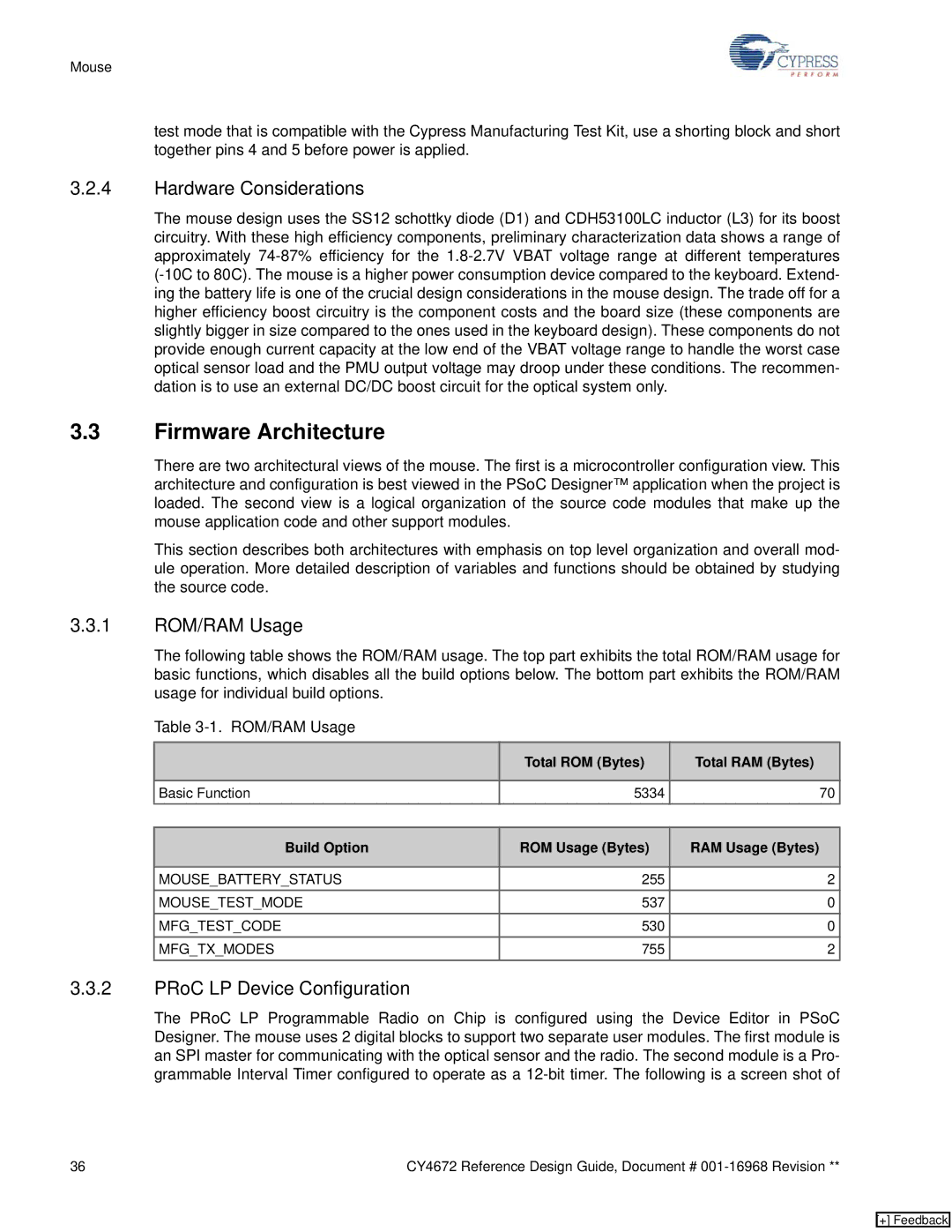 Cypress CY4672 manual Firmware Architecture, Hardware Considerations, 1 ROM/RAM Usage, PRoC LP Device Configuration 