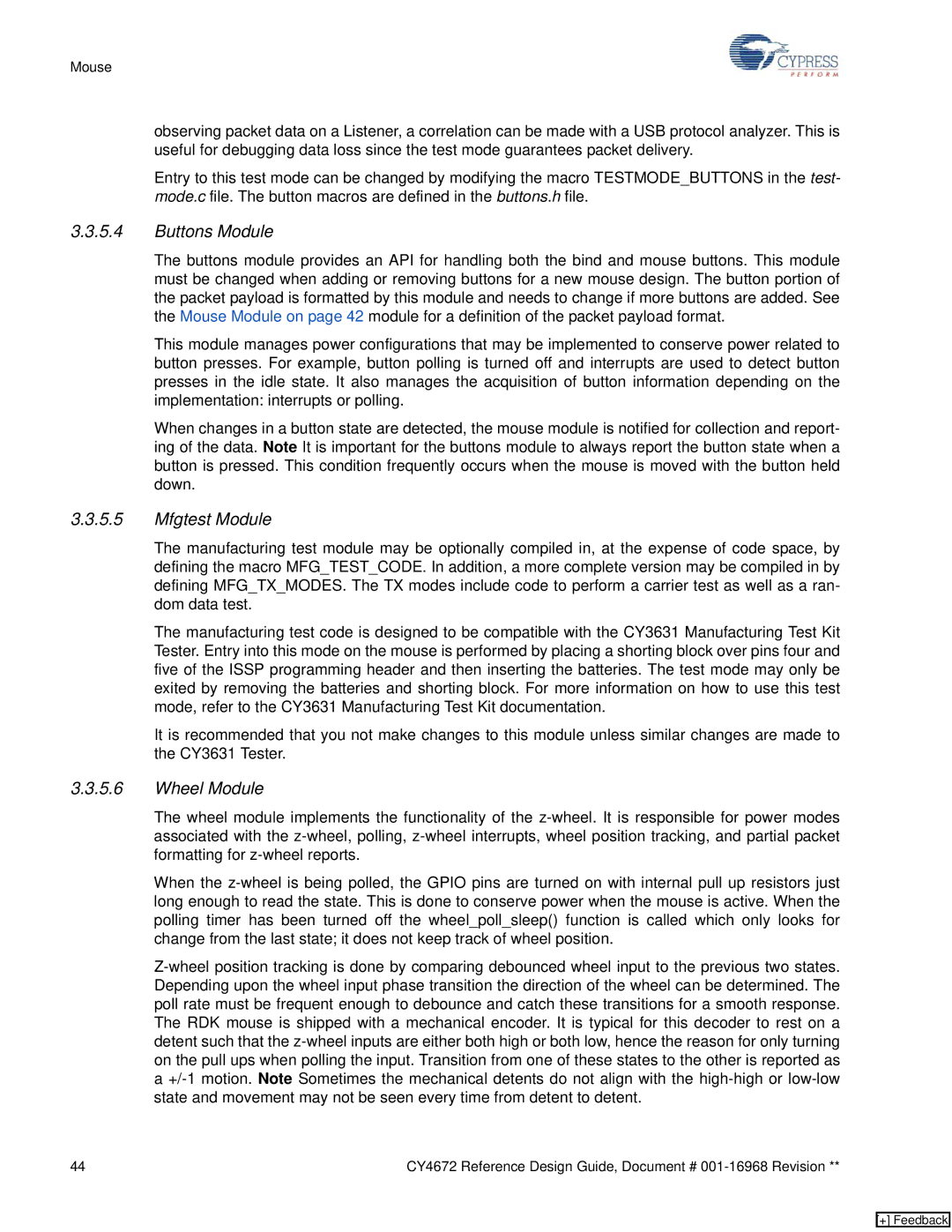 Cypress CY4672 manual Buttons Module, Mfgtest Module, Wheel Module 