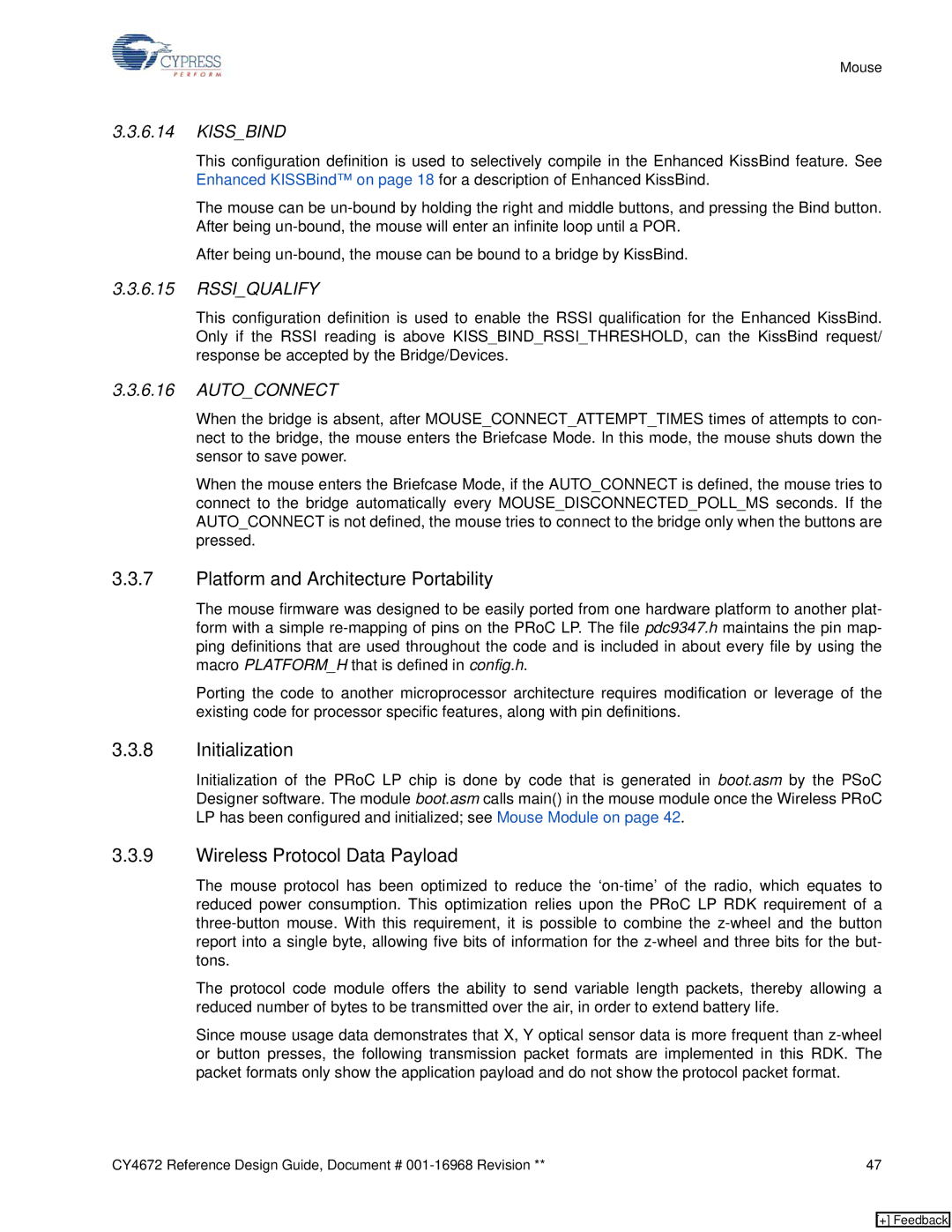 Cypress CY4672 manual Platform and Architecture Portability, Initialization, Wireless Protocol Data Payload, Kissbind 