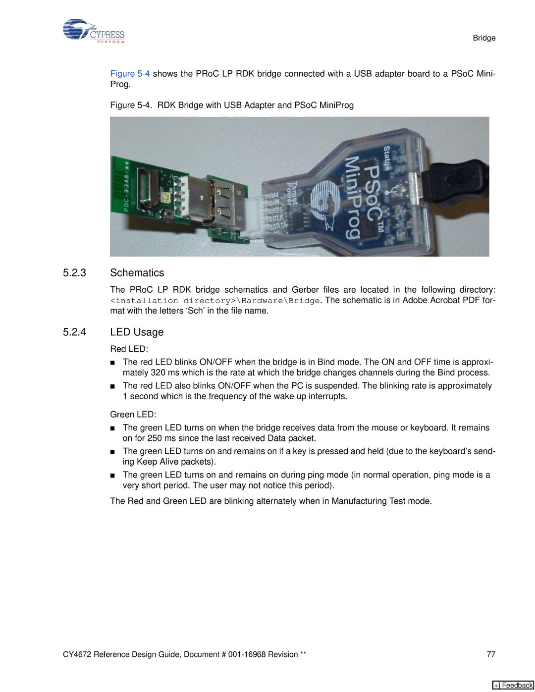 Cypress CY4672 manual Schematics LED Usage, RDK Bridge with USB Adapter and PSoC MiniProg 