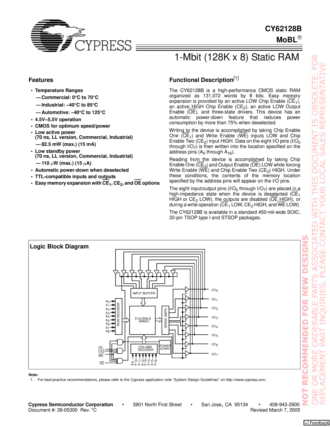 Cypress CY62128B manual Features, Functional Description1, Logic Block Diagram, Cypress Semiconductor Corporation 