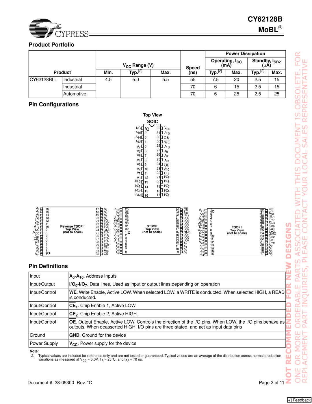 Cypress CY62128B manual Product Portfolio, Pin Configurations, Pin Definitions, Soic 