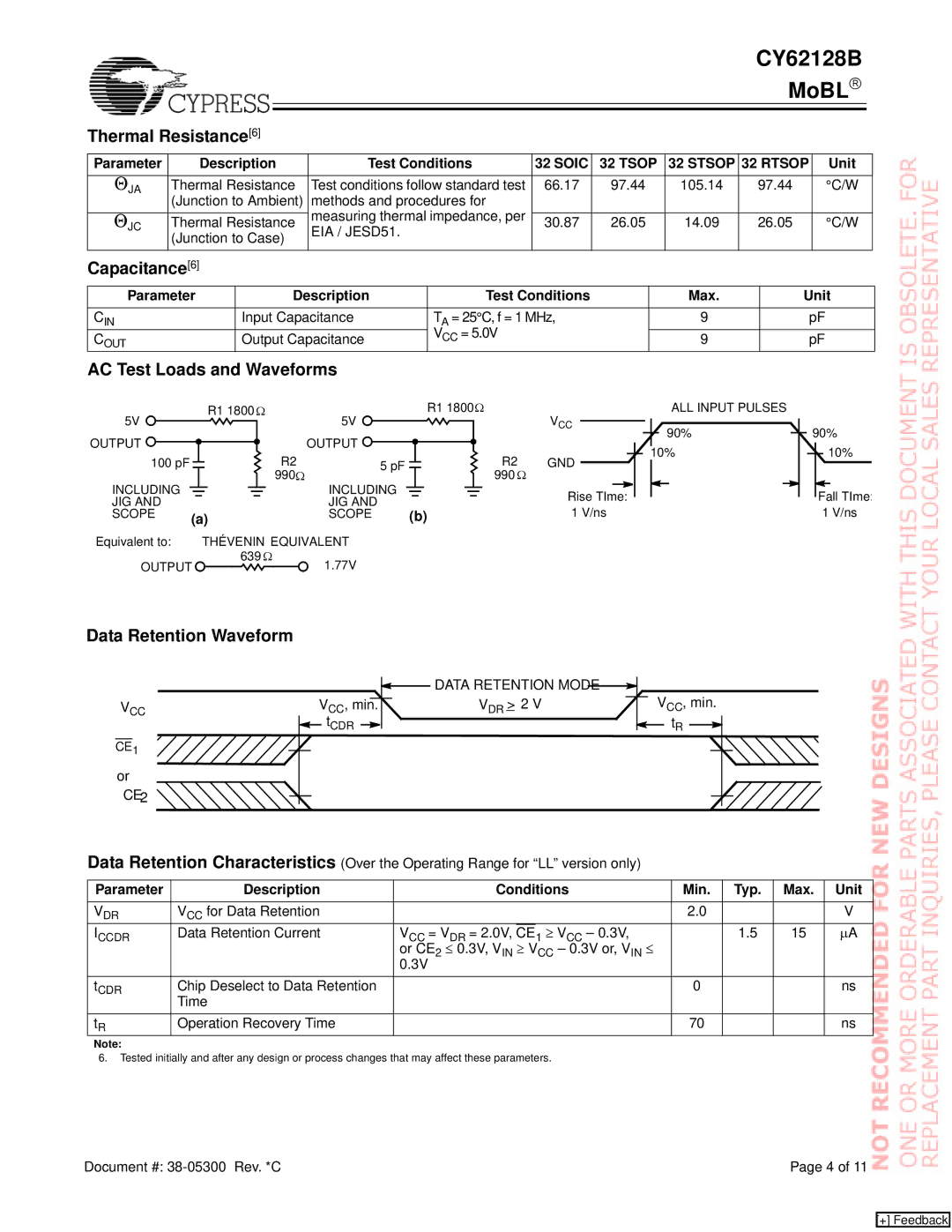 Cypress CY62128B manual Thermal Resistance6, Capacitance6, AC Test Loads and Waveforms, Data Retention Waveform 