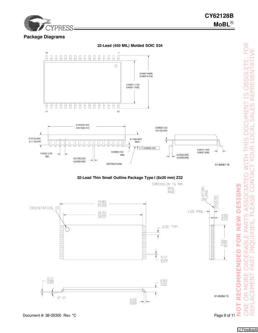 Cypress CY62128B manual Package Diagrams, Lead 450 MIL Molded Soic S34, Lead Thin Small Outline Package Type I 8x20 mm Z32 