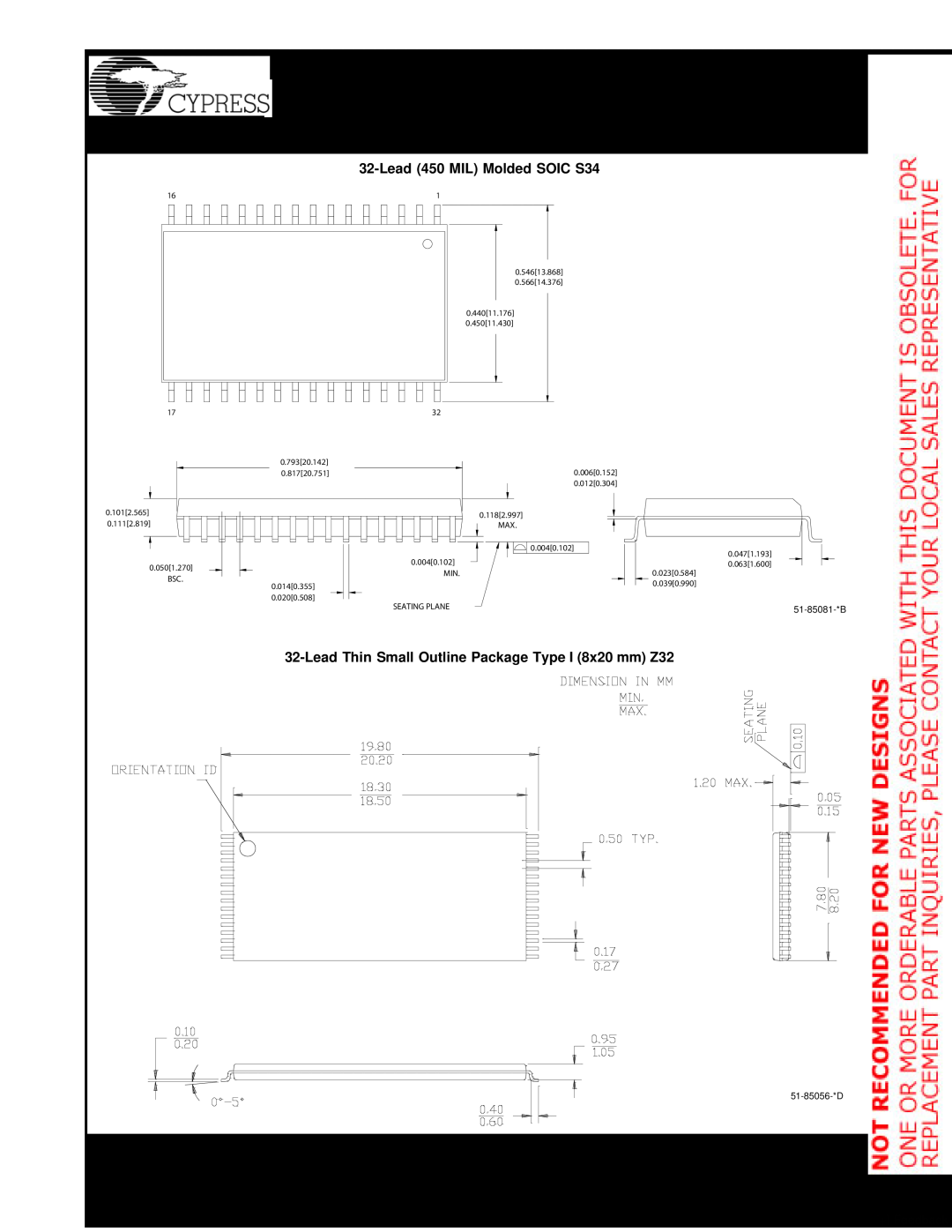 Cypress CY62128B manual Package Diagrams, Lead 450 MIL Molded SOIC S34, Lead Thin Small Outline Package Type I 8x20 mm Z32 