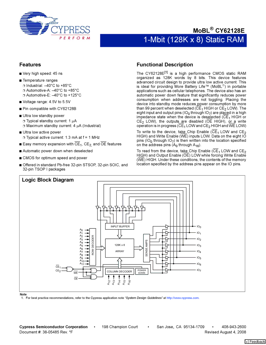 Cypress CY62128E manual Features, Functional Description, Logic Block Diagram 