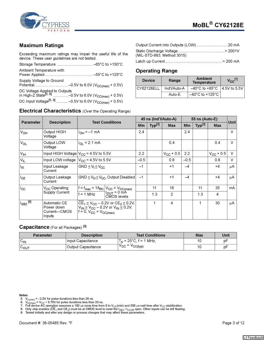 Cypress CY62128E Maximum Ratings, Electrical Characteristics Over the Operating Range, Device Range Ambient, Gnd Vi Vcc 