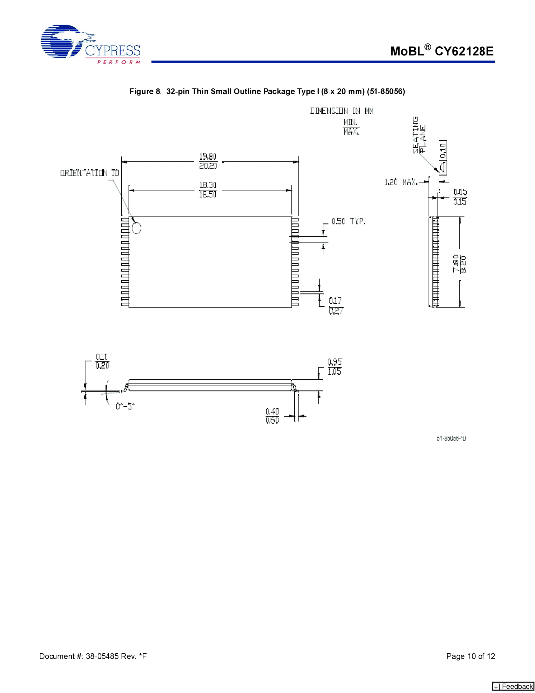 Cypress manual MoBL CY62128E, 32-pin Thin Small Outline Package Type I 8 x 20 mm, Page 10 of, + Feedback 