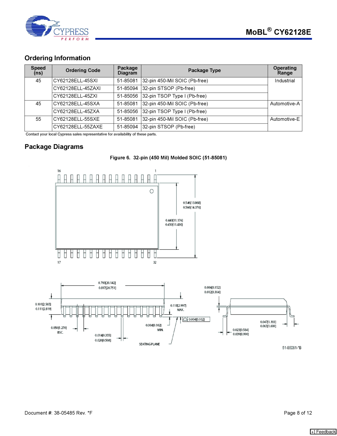 Cypress manual Ordering Information, Package Diagrams, MoBL CY62128E, Industrial, Page 8 of 