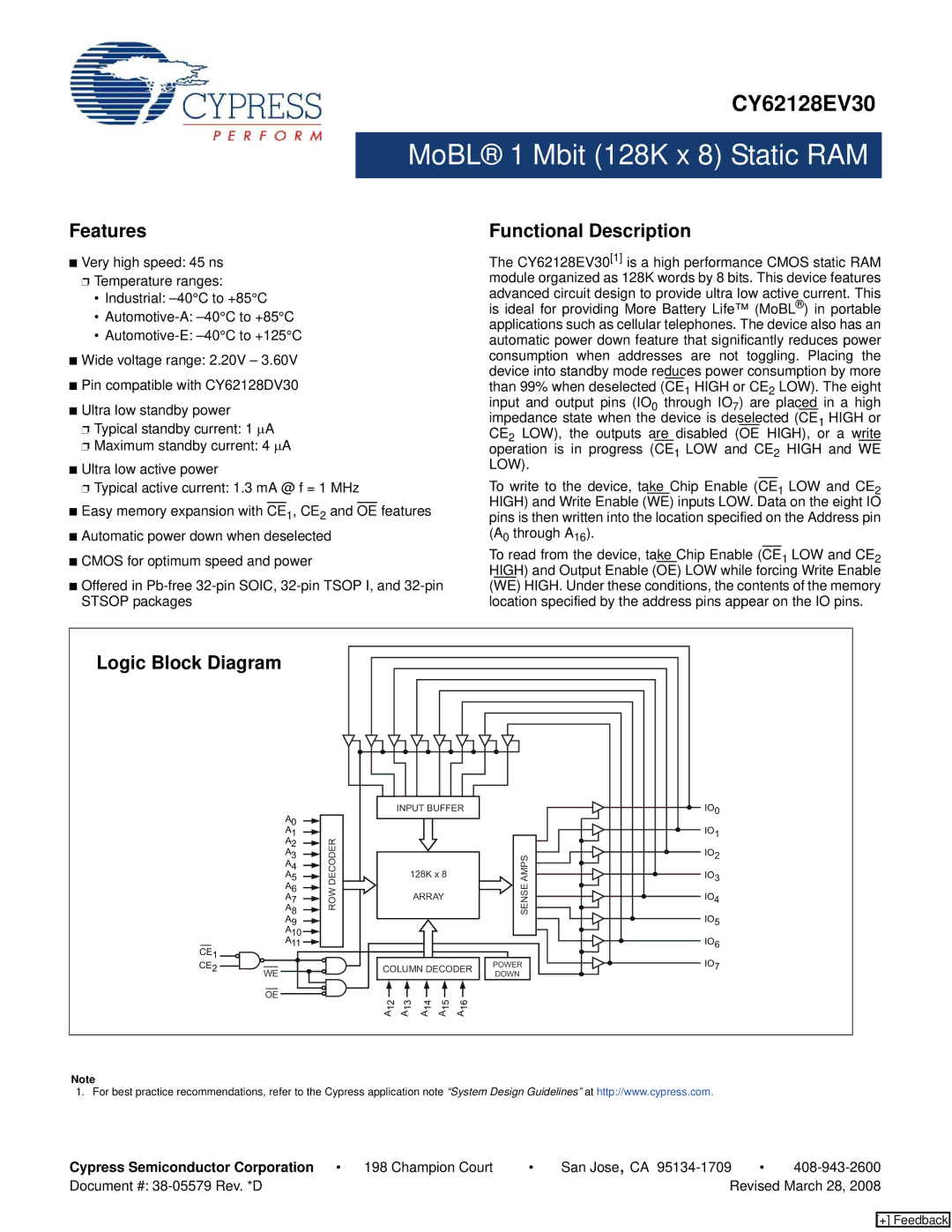 Cypress CY62128EV30 manual Features, Functional Description, Logic Block Diagram 