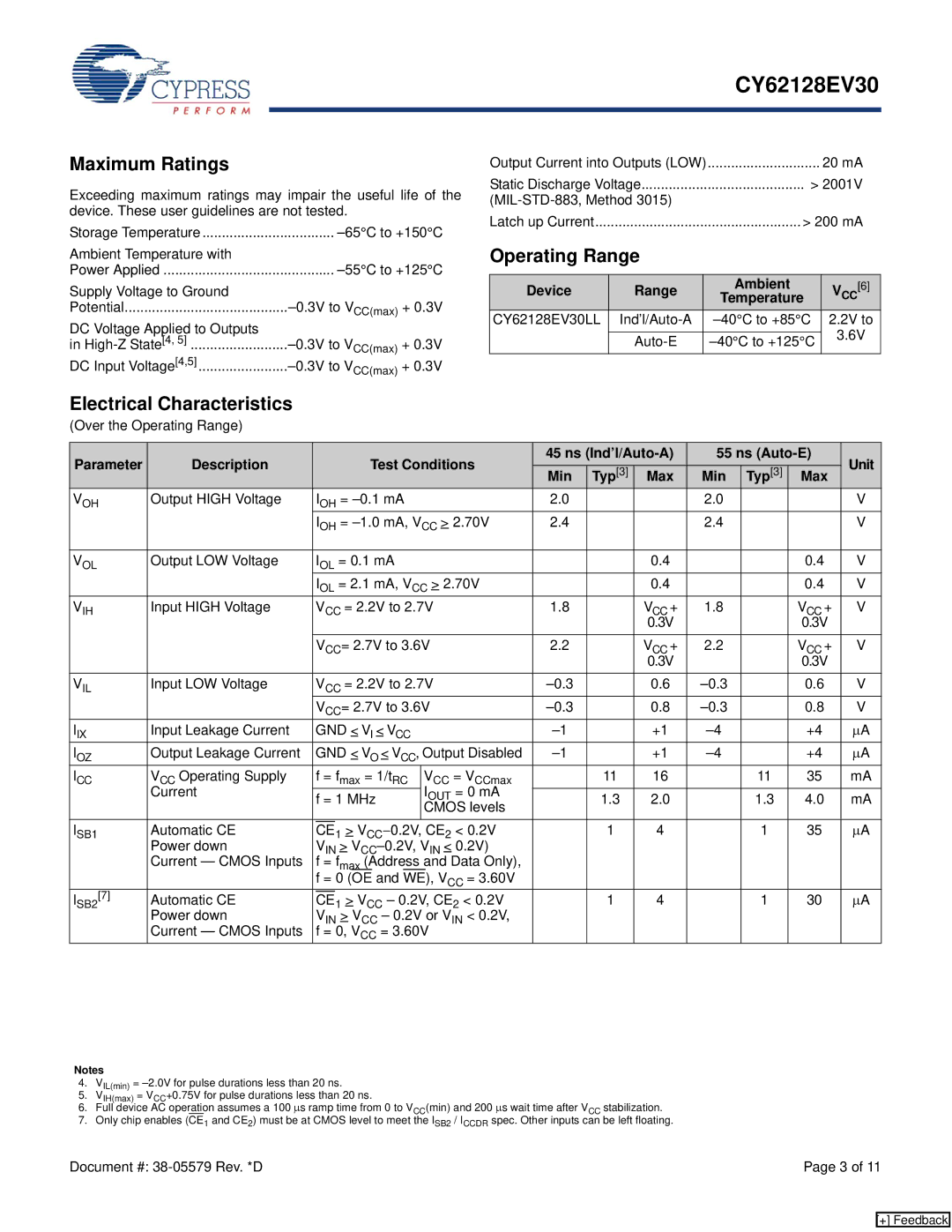 Cypress CY62128EV30 manual Maximum Ratings, Operating Range, Electrical Characteristics, Device Range Ambient, Gnd Vi Vcc 