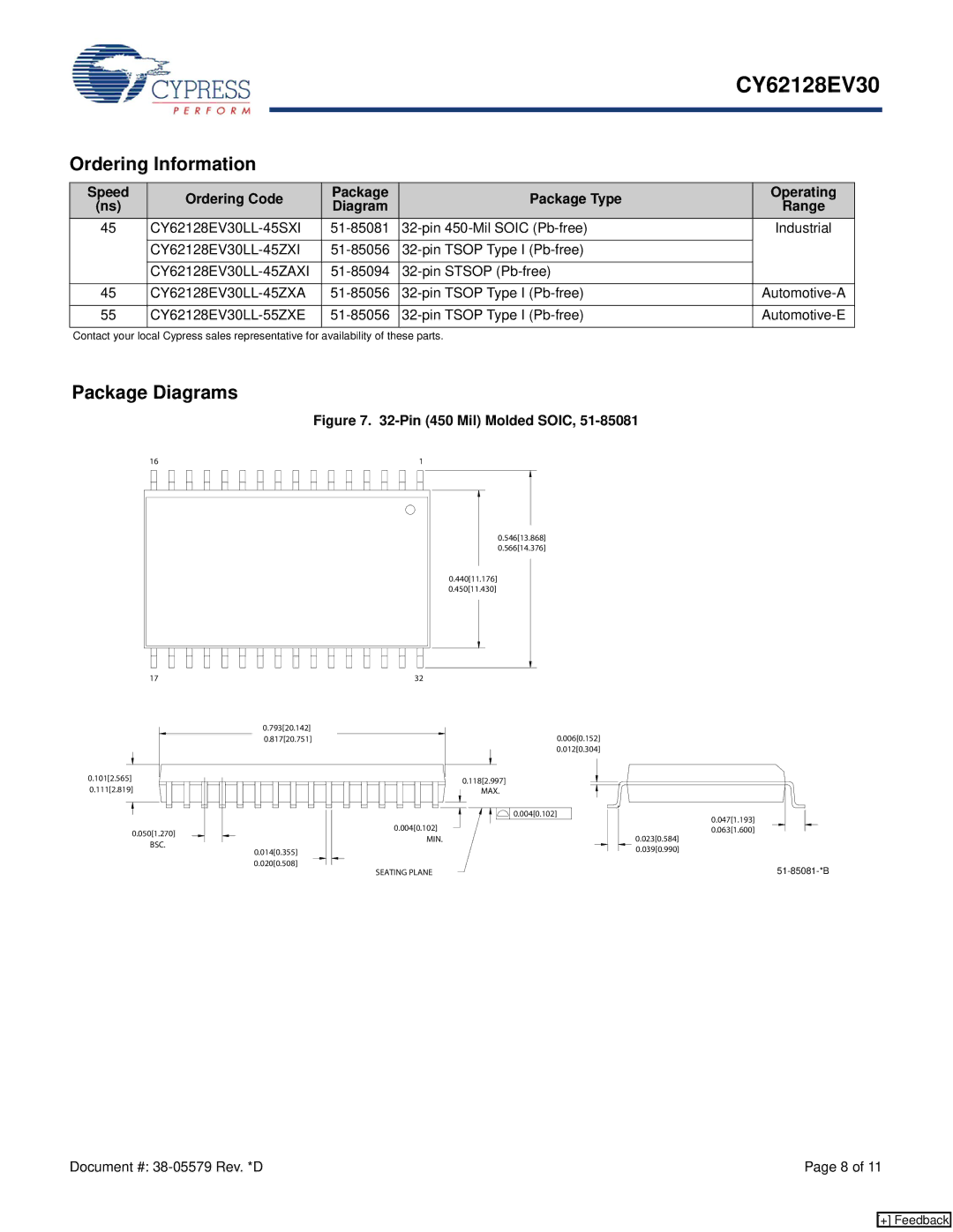 Cypress manual Ordering Information, Package Diagrams, CY62128EV30LL-45SXI 51-85081 Pin 450-Mil Soic Pb-free 