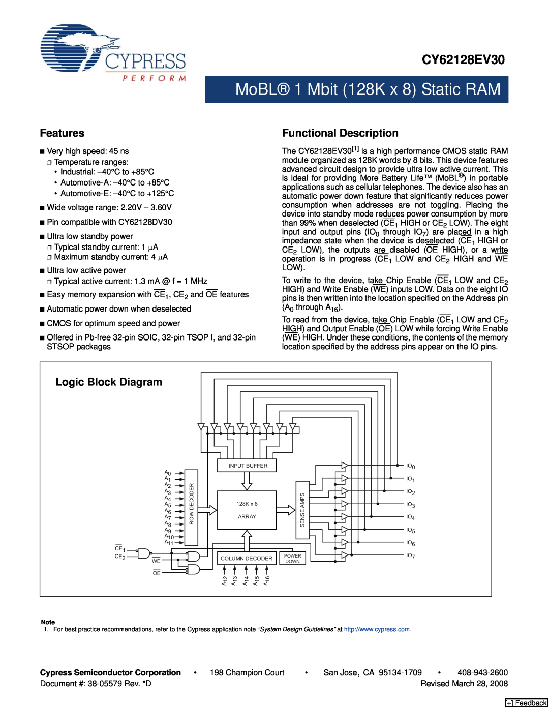 Cypress CY62128EV30 manual Features, Functional Description, Logic Block Diagram, MoBL 1 Mbit 128K x 8 Static RAM 