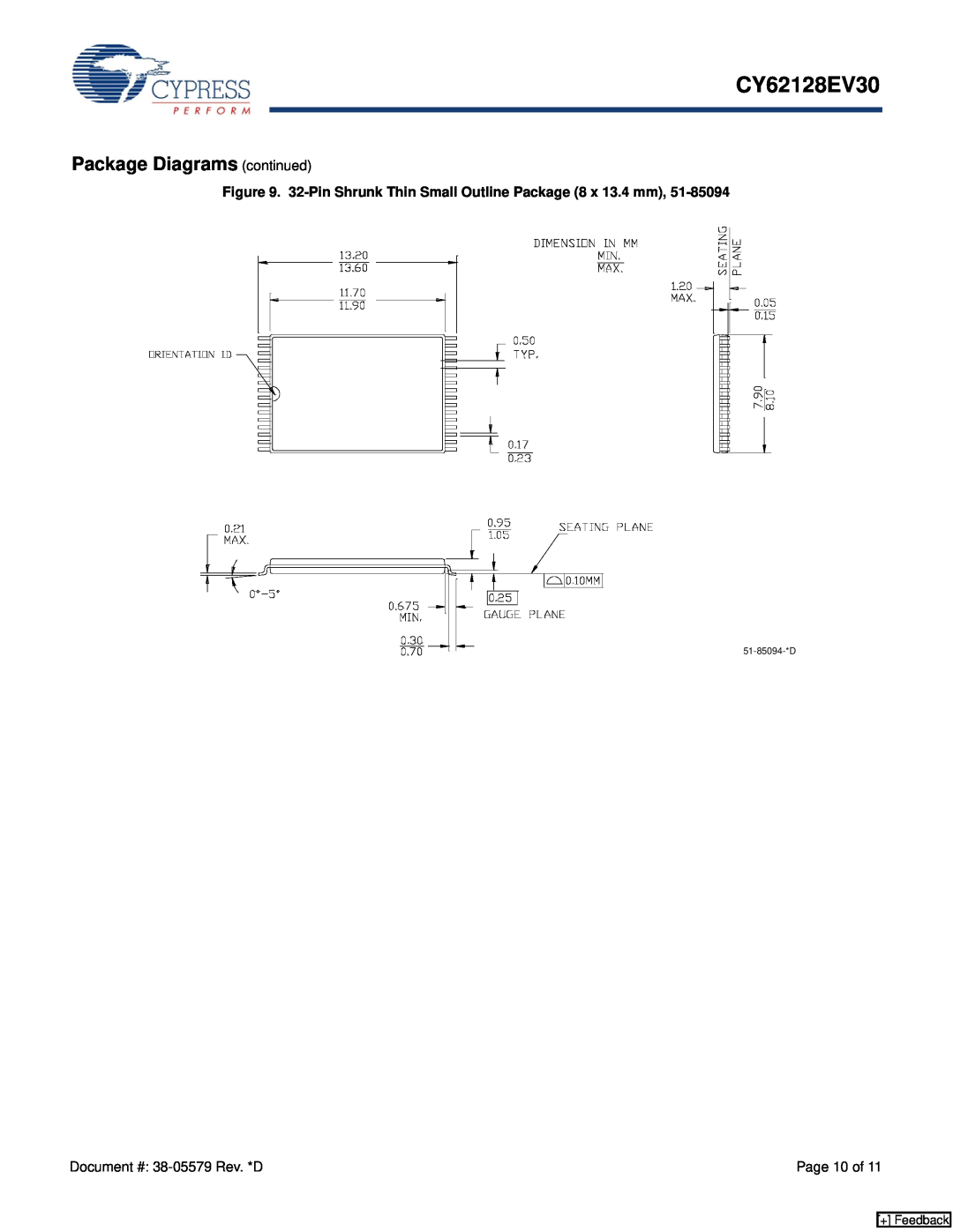Cypress CY62128EV30 manual Package Diagrams continued, 32-Pin Shrunk Thin Small Outline Package 8 x 13.4 mm, Page 10 of 