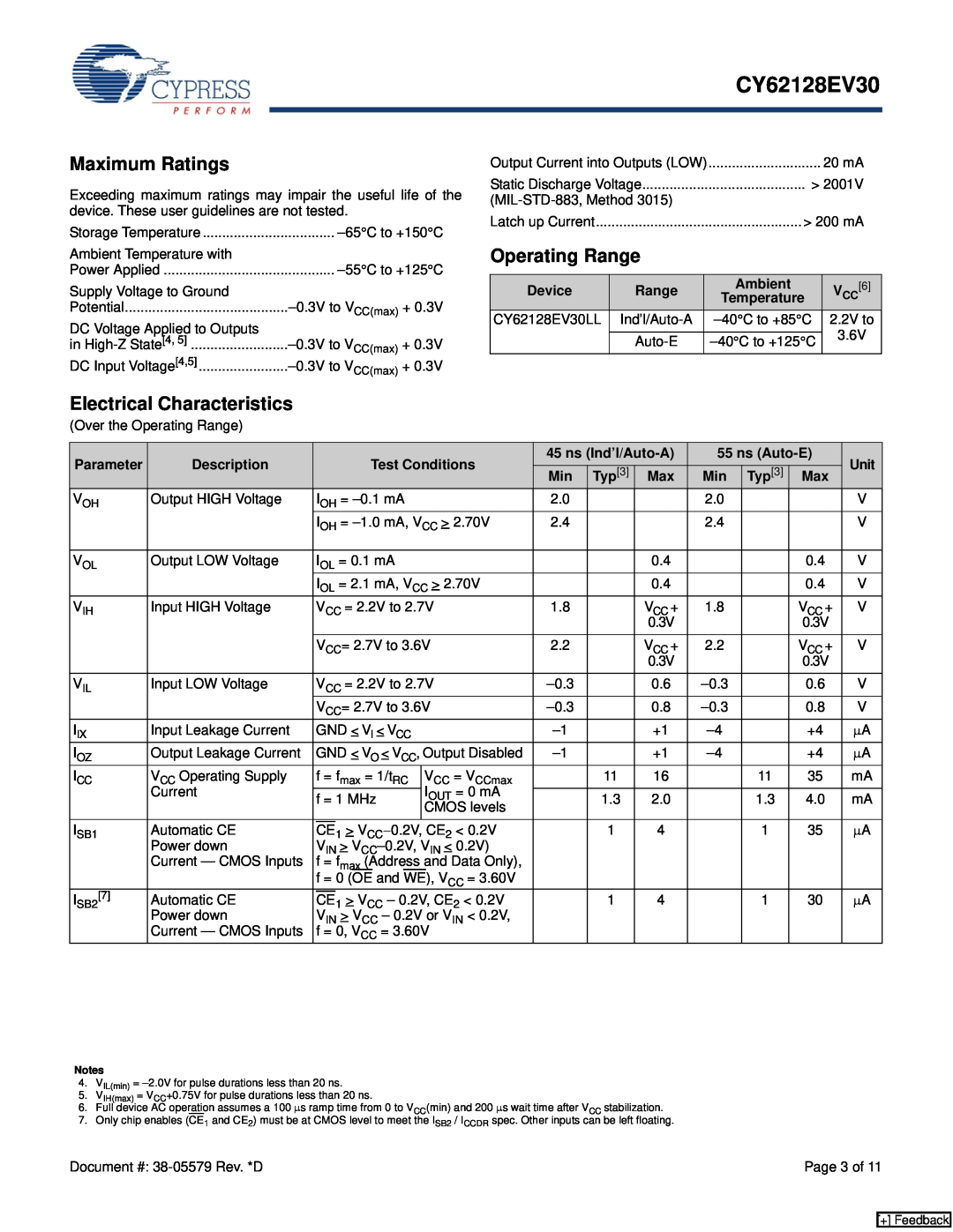 Cypress CY62128EV30 manual Maximum Ratings, Operating Range, Electrical Characteristics 