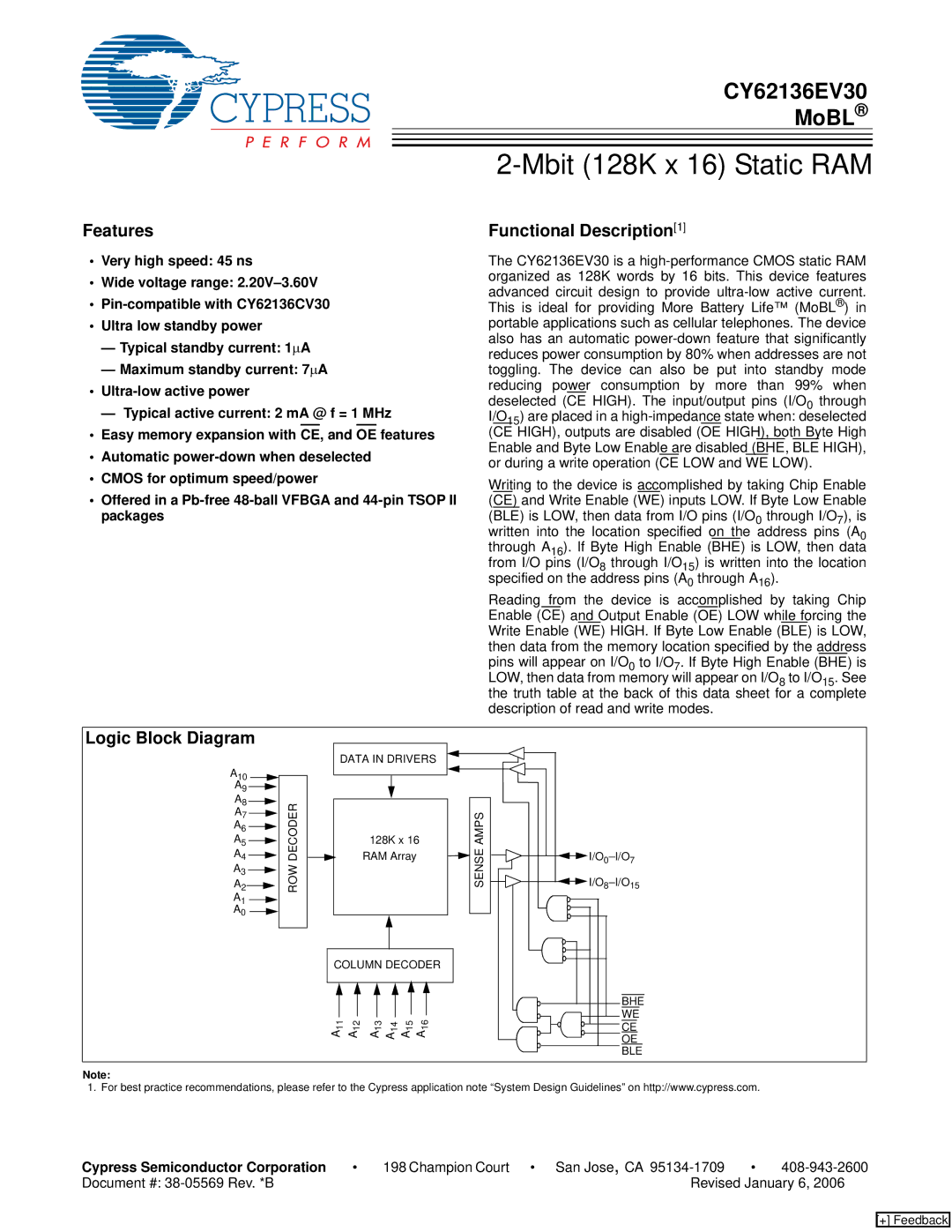 Cypress CY62136EV30 manual Features, Logic Block Diagram, Cypress Semiconductor Corporation 