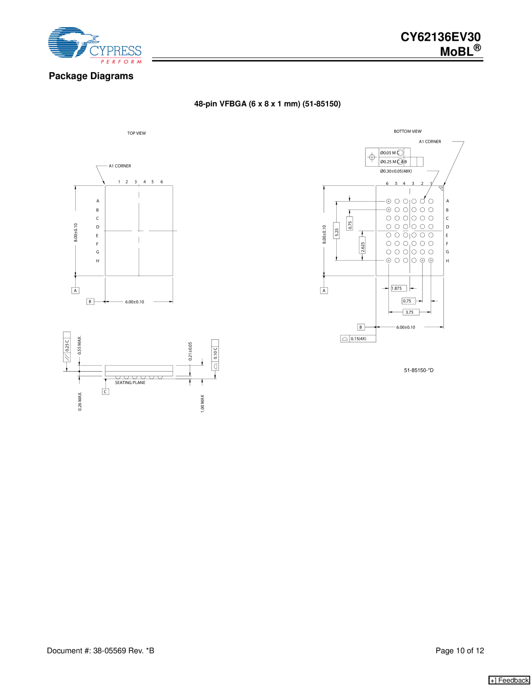 Cypress CY62136EV30 manual Package Diagrams, Pin Vfbga 6 x 8 x 1 mm 