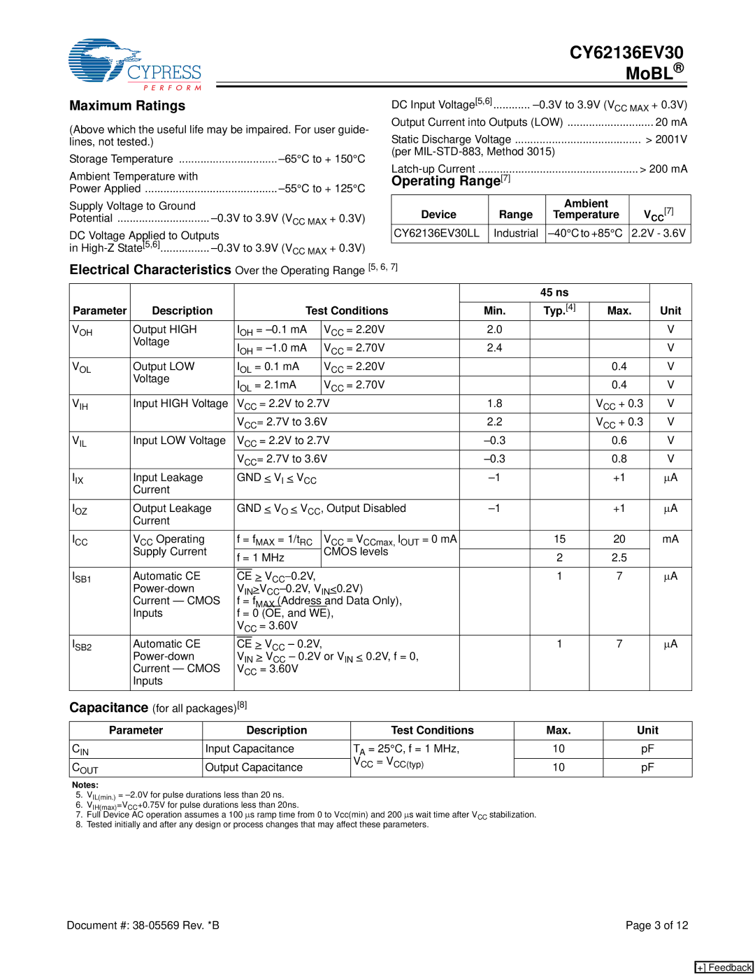 Cypress CY62136EV30 manual Maximum Ratings, Operating Range7, Electrical Characteristics Over the Operating Range 5, 6 