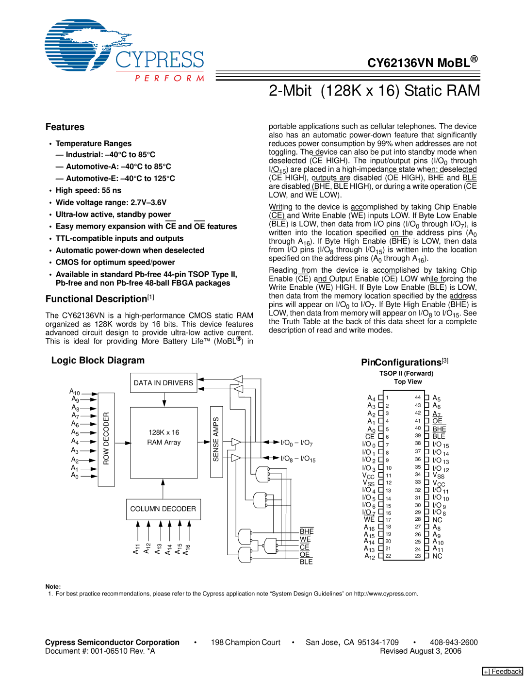 Cypress CY62136VN manual Features, Functional Description1, Logic Block Diagram PinConfigurations3 