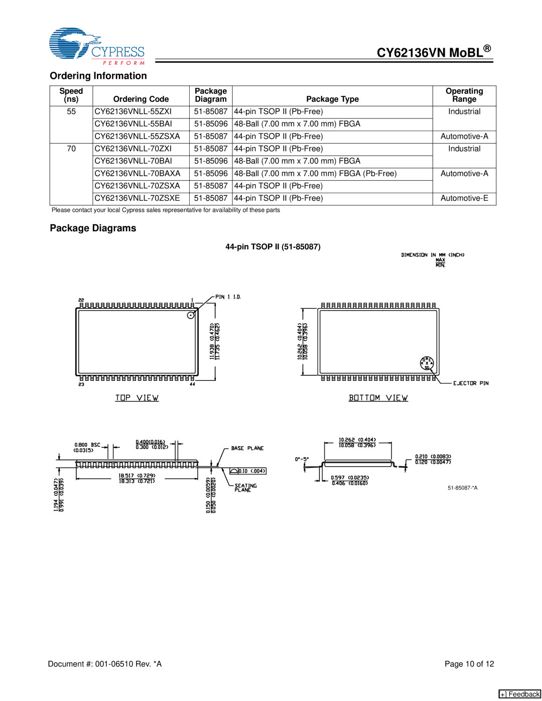 Cypress CY62136VN manual Ordering Information, Package Diagrams, Ordering Code Package Package Type Operating Diagram Range 