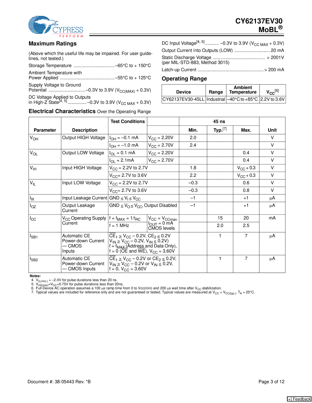 Cypress CY62137EV30 manual Maximum Ratings, Electrical Characteristics Over the Operating Range 