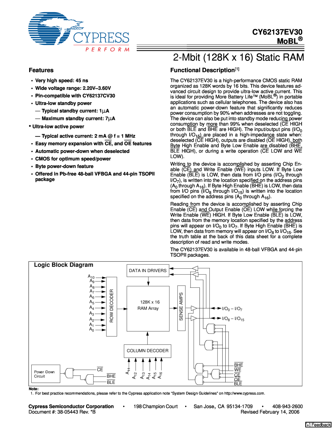 Cypress manual CY62137EV30 MoBL, Features, Functional Description1, Logic Block Diagram, Mbit 128K x 16 Static RAM 