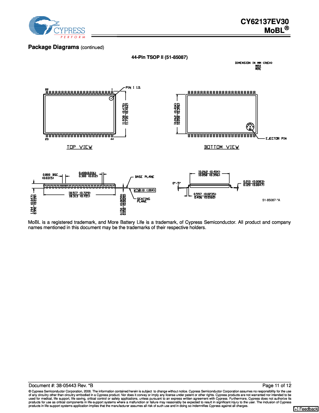 Cypress manual Package Diagrams continued, CY62137EV30 MoBL, Pin TSOP II, + Feedback 